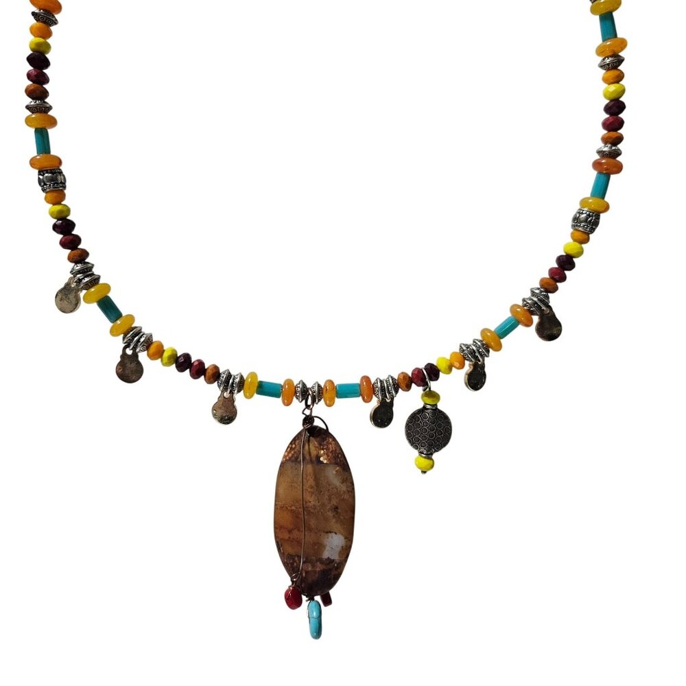 Handmade Boho Beaded Choker Necklace Stone Pendant Silver Tone Accents Jewelry
